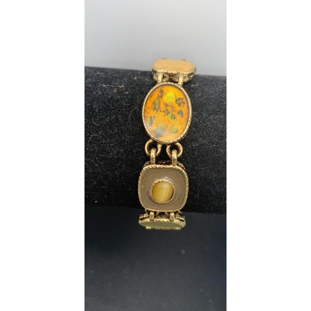 Vintage Liz Claiborne Gold Tone Enamel And Abalone Panel Link Bracelet